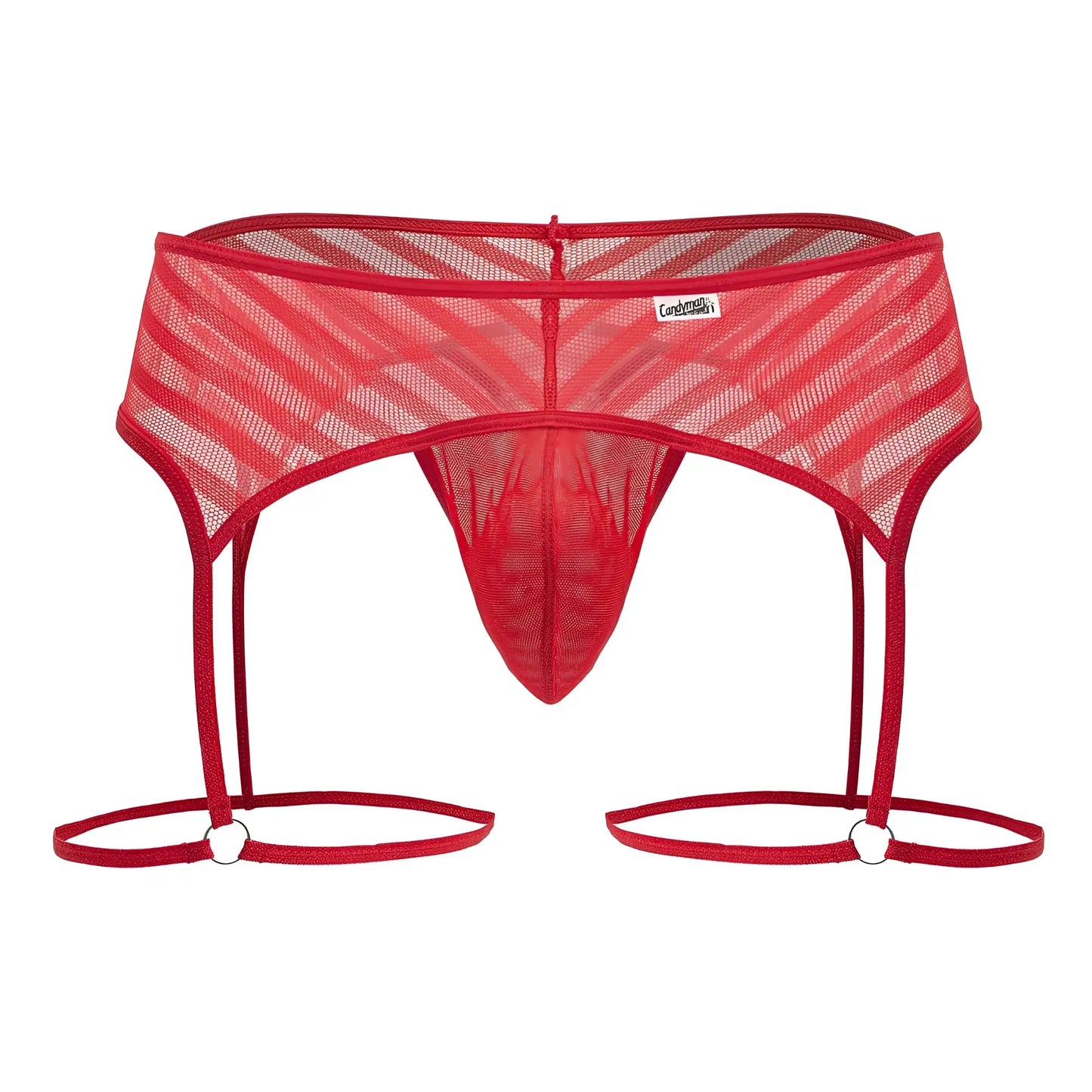 Red mesh thong candyMan 99792 with diagonal striped pattern and adjustable garter straps in red color