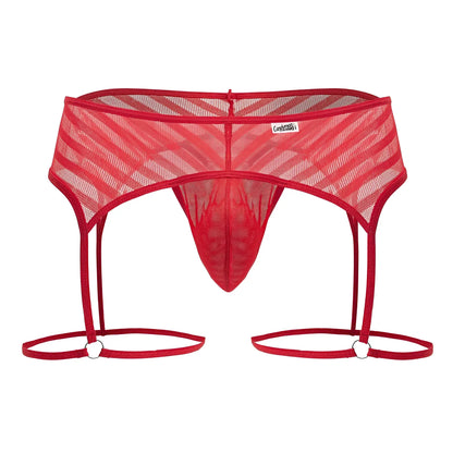 Red mesh thong candyMan 99792 with diagonal striped pattern and adjustable garter straps in red color