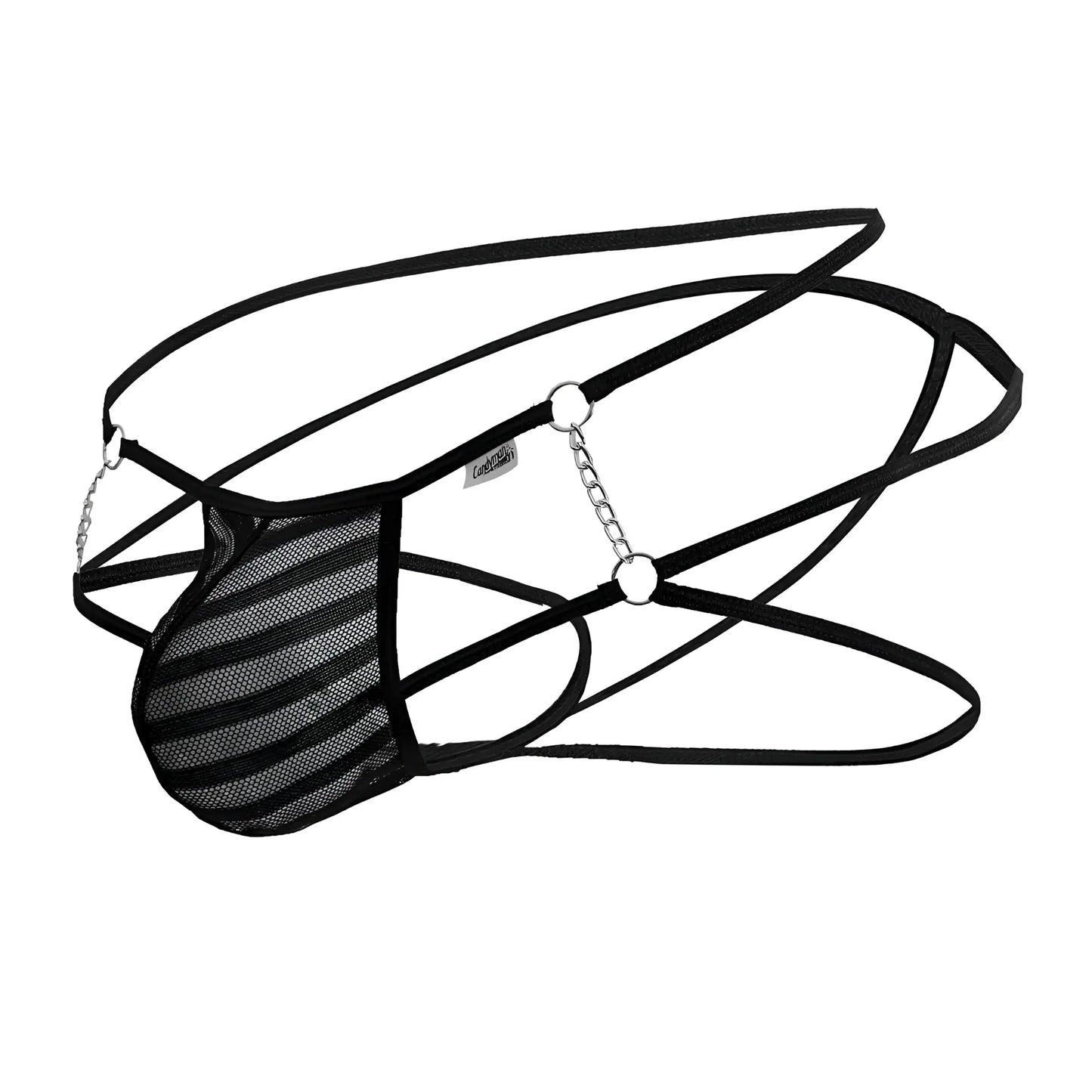 CandyMan 99793 mesh jock thongs in black with striped pattern and silver chain detailing for men