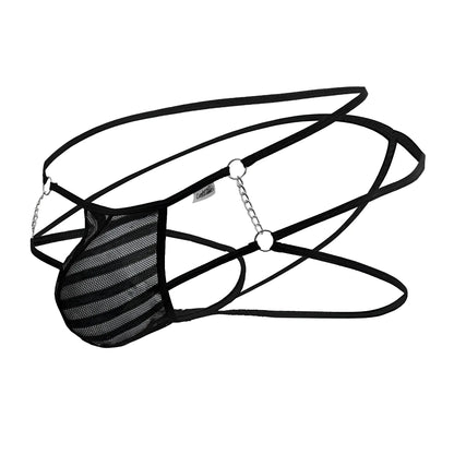 CandyMan 99793 mesh jock thongs in black with striped pattern and silver chain detailing for men