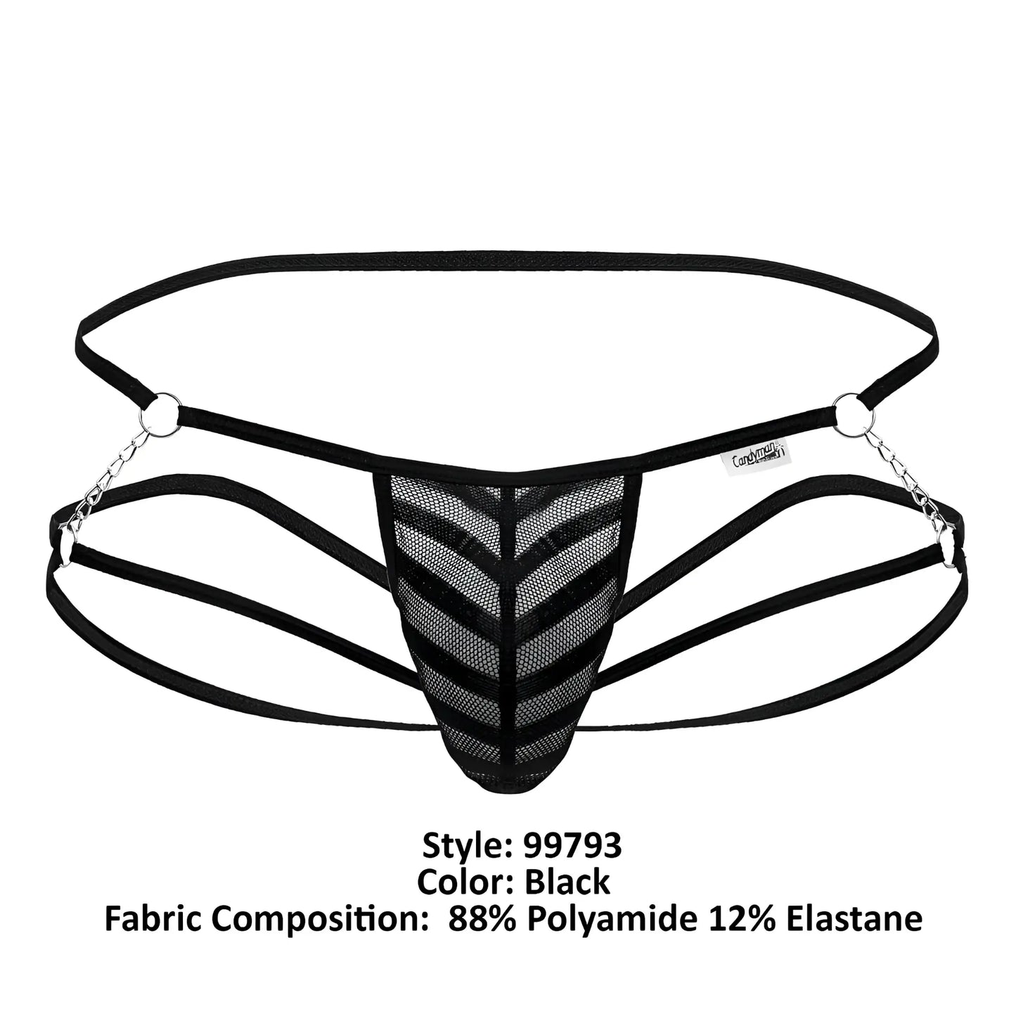CandyMan 99793 black mesh jock thong with chevron pattern and silver chain detailing shown from the back side