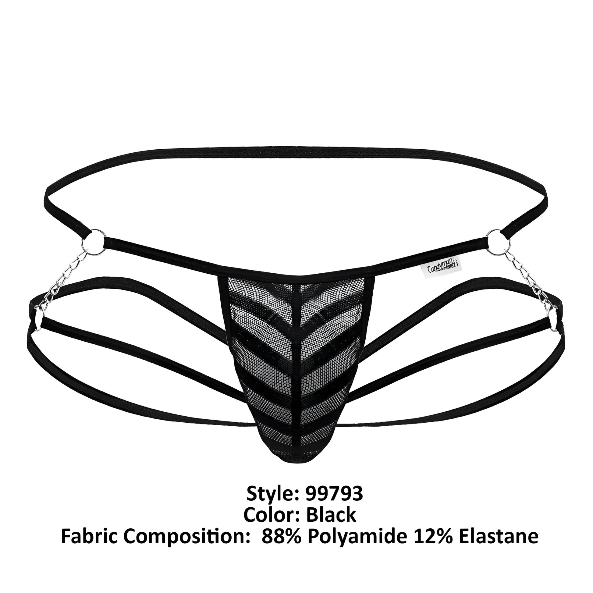 CandyMan 99793 black mesh jock thong with chevron pattern and silver chain detailing shown from the back side