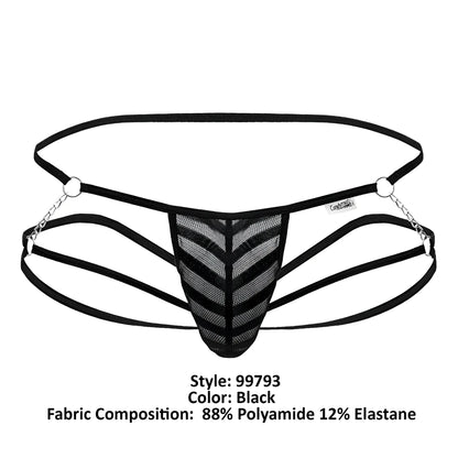 CandyMan 99793 black mesh jock thong with chevron pattern and silver chain detailing shown from the back side