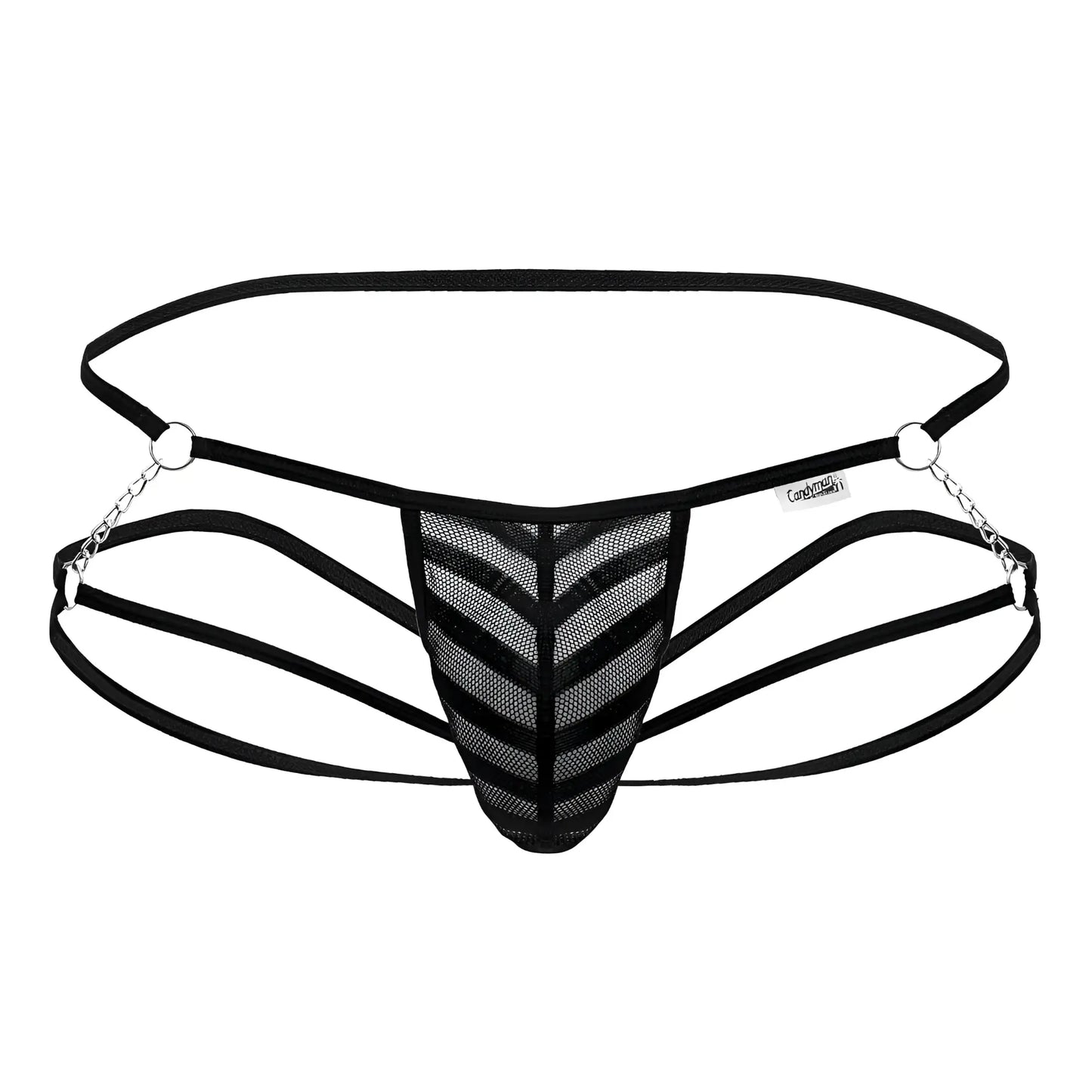 Black mesh thong candyMan 99793 with chevron pattern adjustable straps and silver chain accents visible from the back side