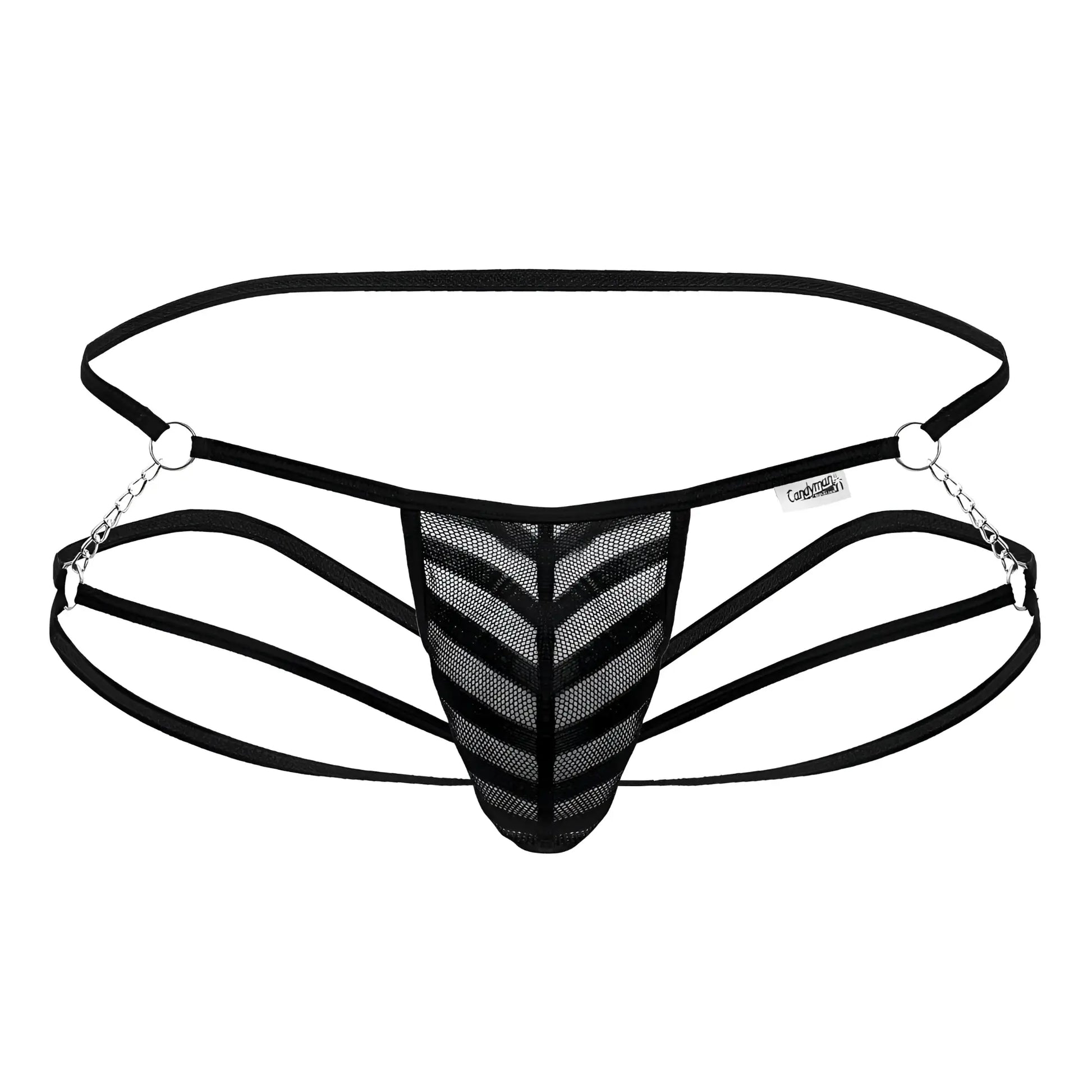 Black mesh thong candyMan 99793 with chevron pattern adjustable straps and silver chain accents visible from the back side