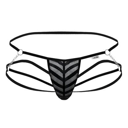 Black mesh thong candyMan 99793 with chevron pattern adjustable straps and silver chain accents visible from the back side