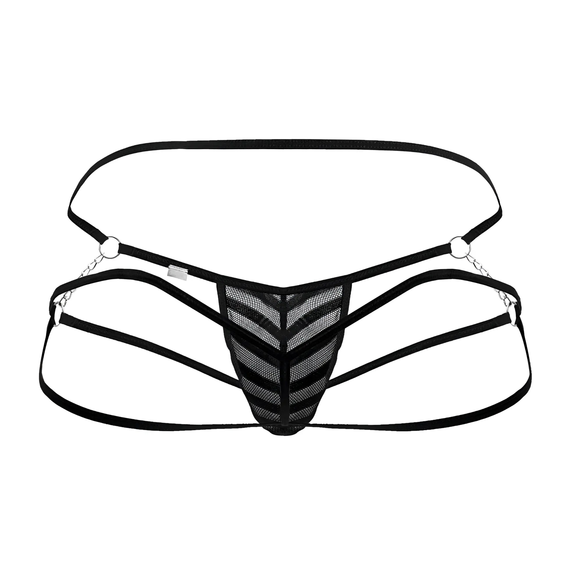Black CandyMan 99793 mesh jock thong with silver chain accents and adjustable straps shown from the back side