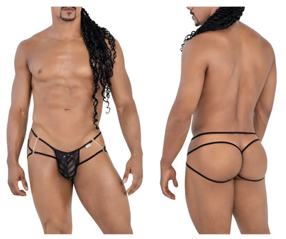 Black mesh CandyMan 99793 jock thong with thin black straps and gold chain detailing showing the back side