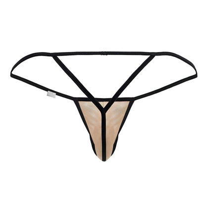 Beige candyman 99795 mesh g-string thong with black crisscross supportive design visible from the back side
