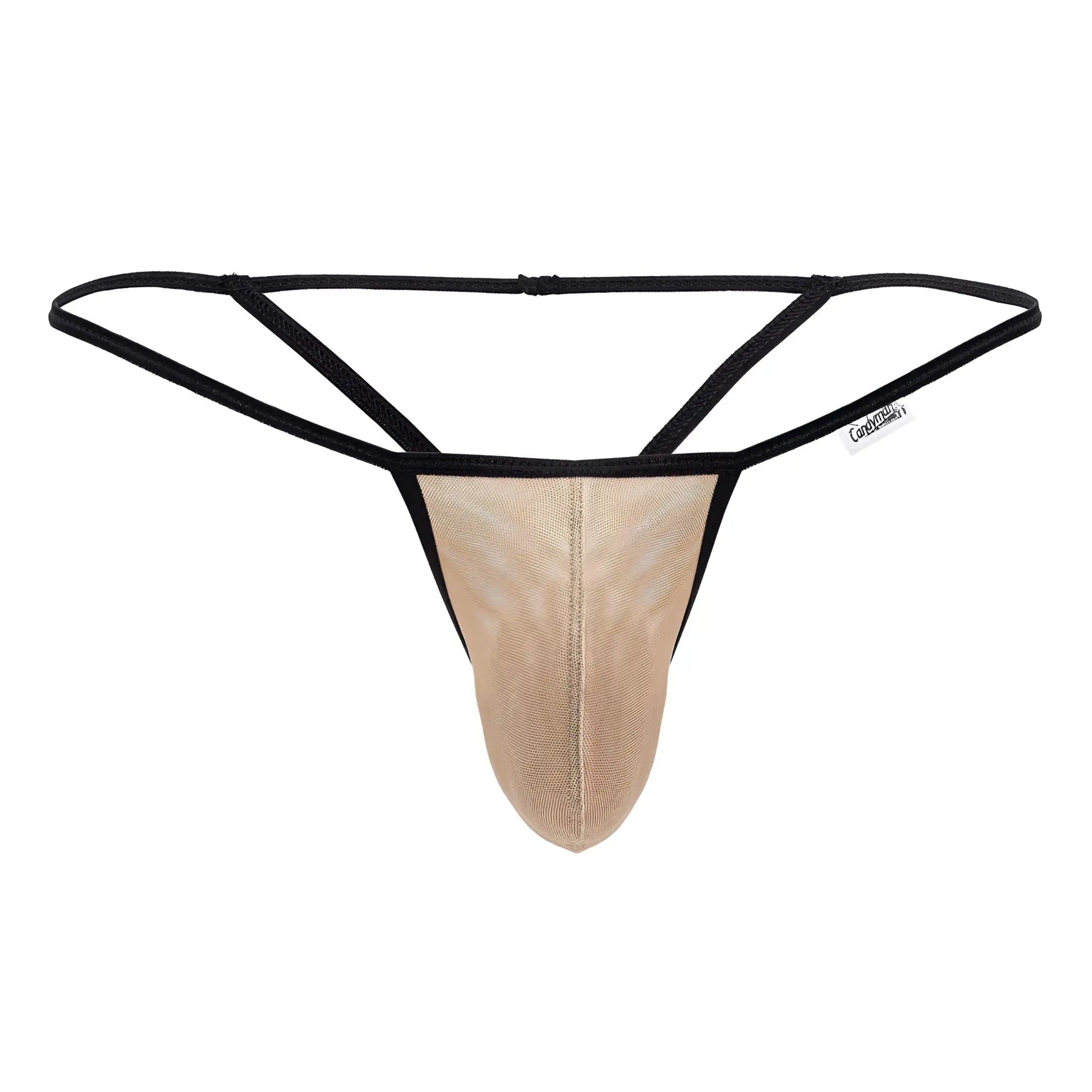 Candyman 99795 beige mesh g-string thong with black accents and a supportive contoured design shown from the back