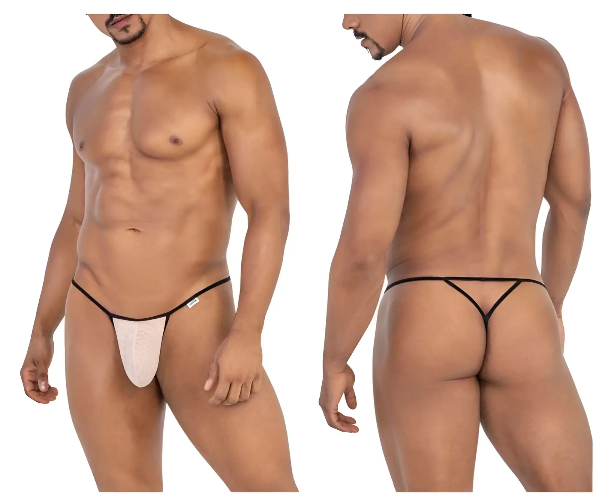 Beige candyman 99795 mesh g-string thong with thin, supportive black and white design shown from the back side