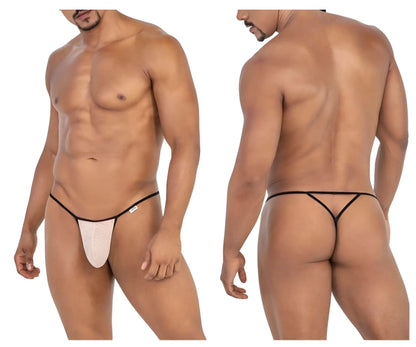 Beige candyman 99795 mesh g-string thong with thin, supportive black and white design shown from the back side
