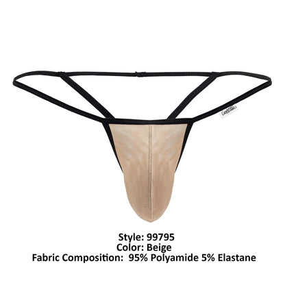 Beige candy man 99795 mesh g-string thong with black elastic straps and a branded tag shown from the back side