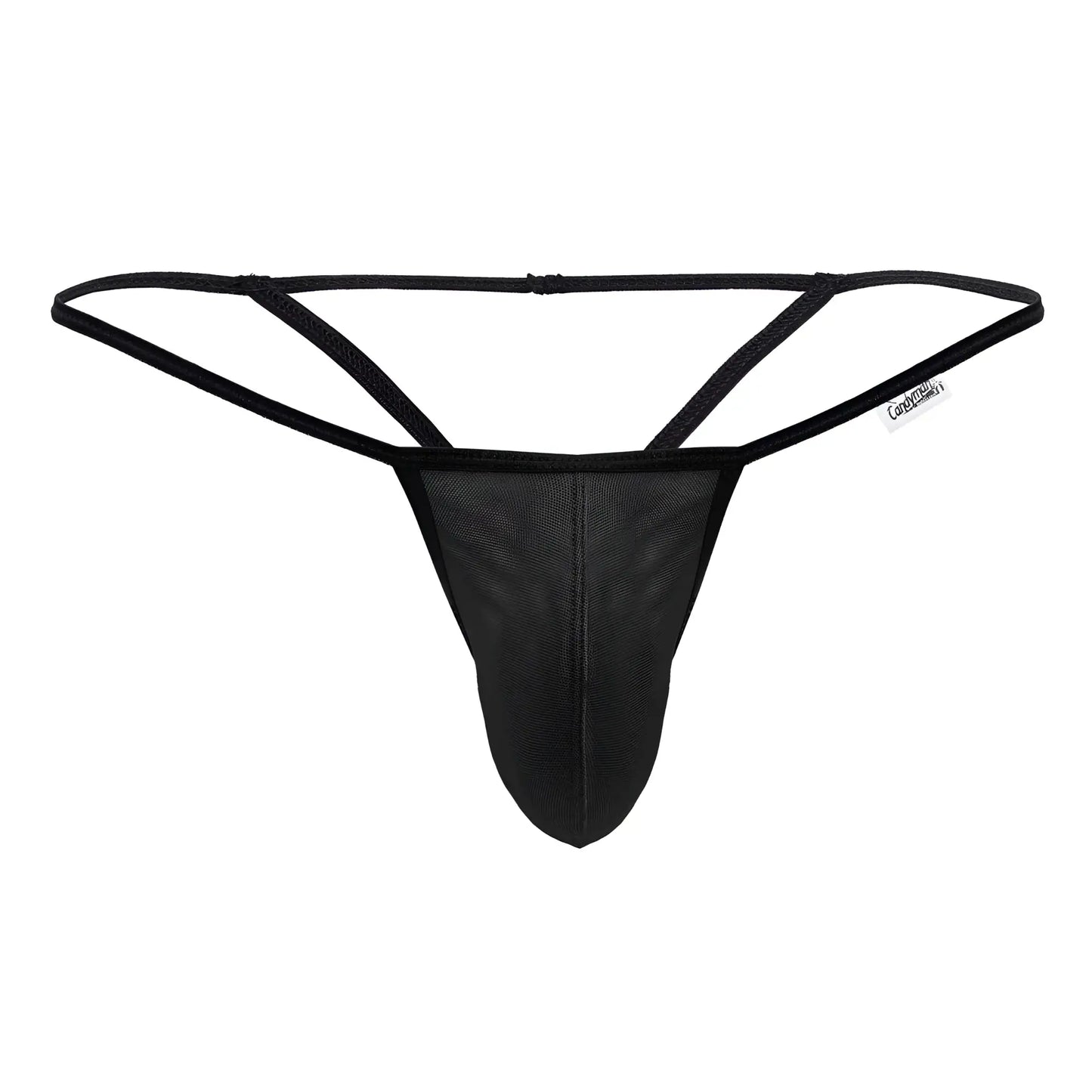 Candyman 99795 black mesh g-string thong with thin adjustable waistband and reinforced stitching front view