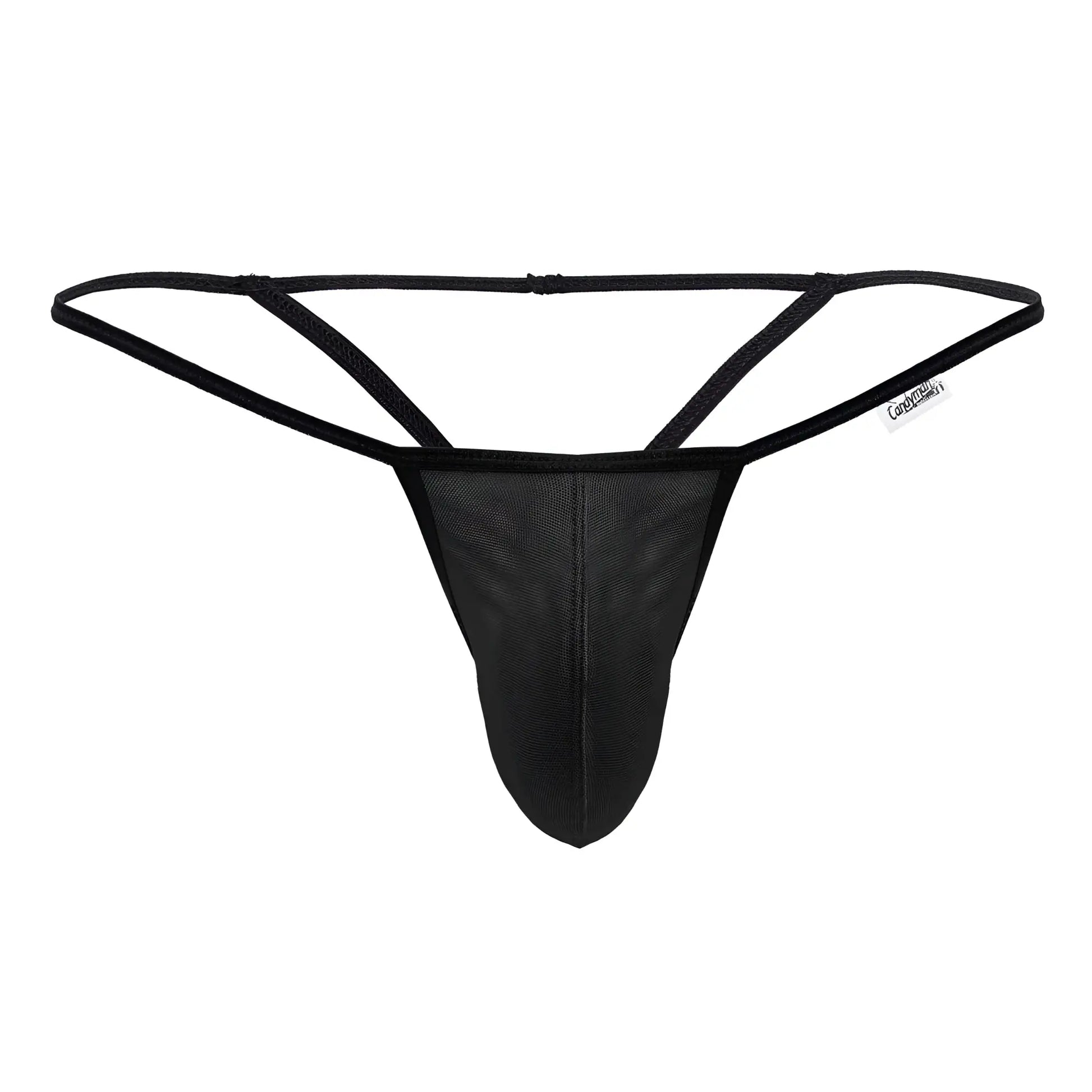 Candyman 99795 black mesh g-string thong with thin adjustable waistband and reinforced stitching front view