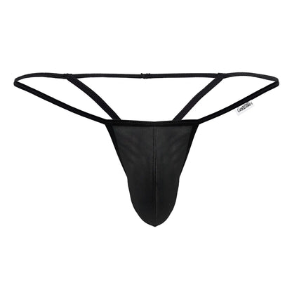 Candyman 99795 black mesh g-string thong with thin adjustable waistband and reinforced stitching front view