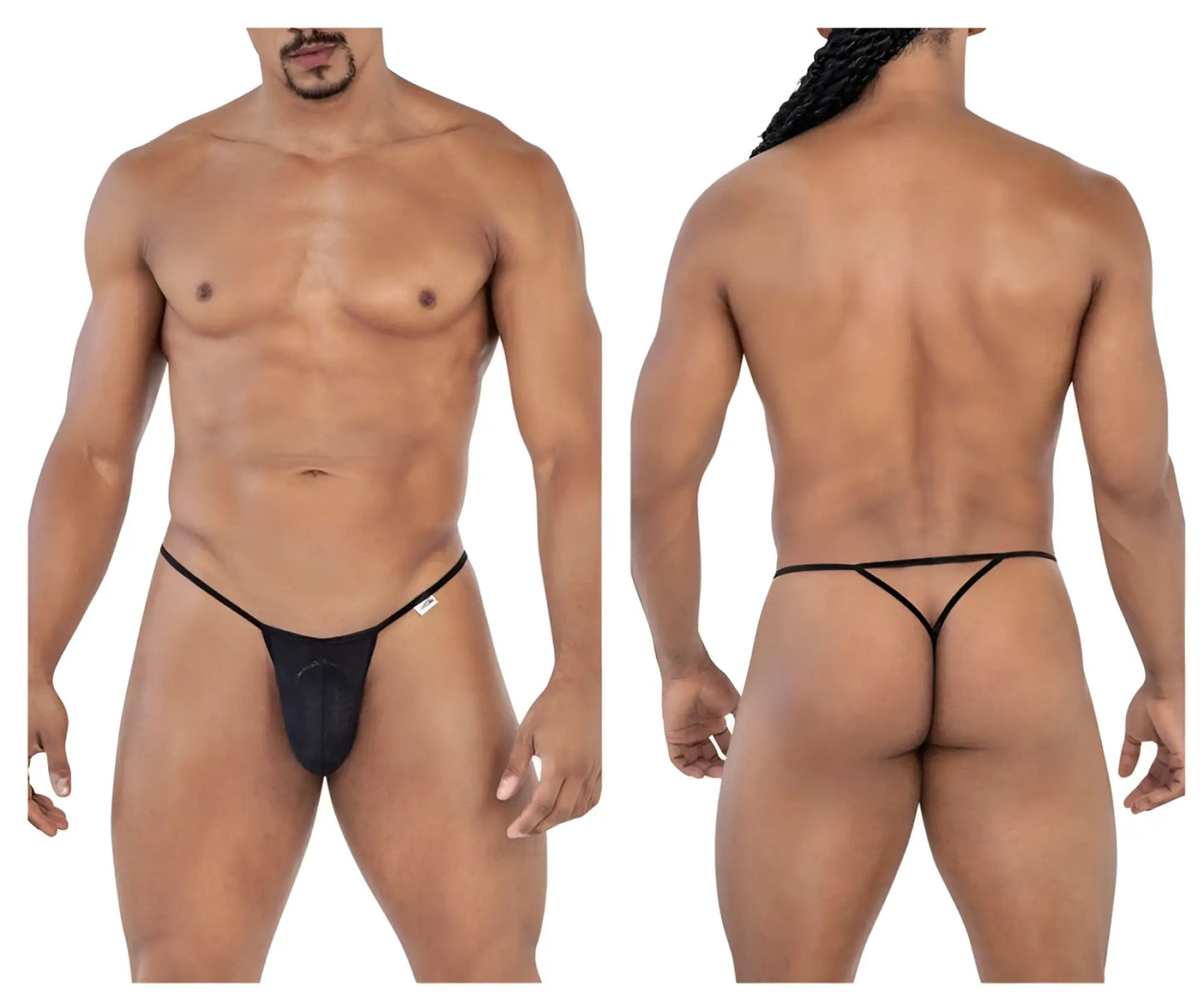 Black CandyMan 99795 mesh G-string thong with smooth fabric and thin elastic straps shown from the back side