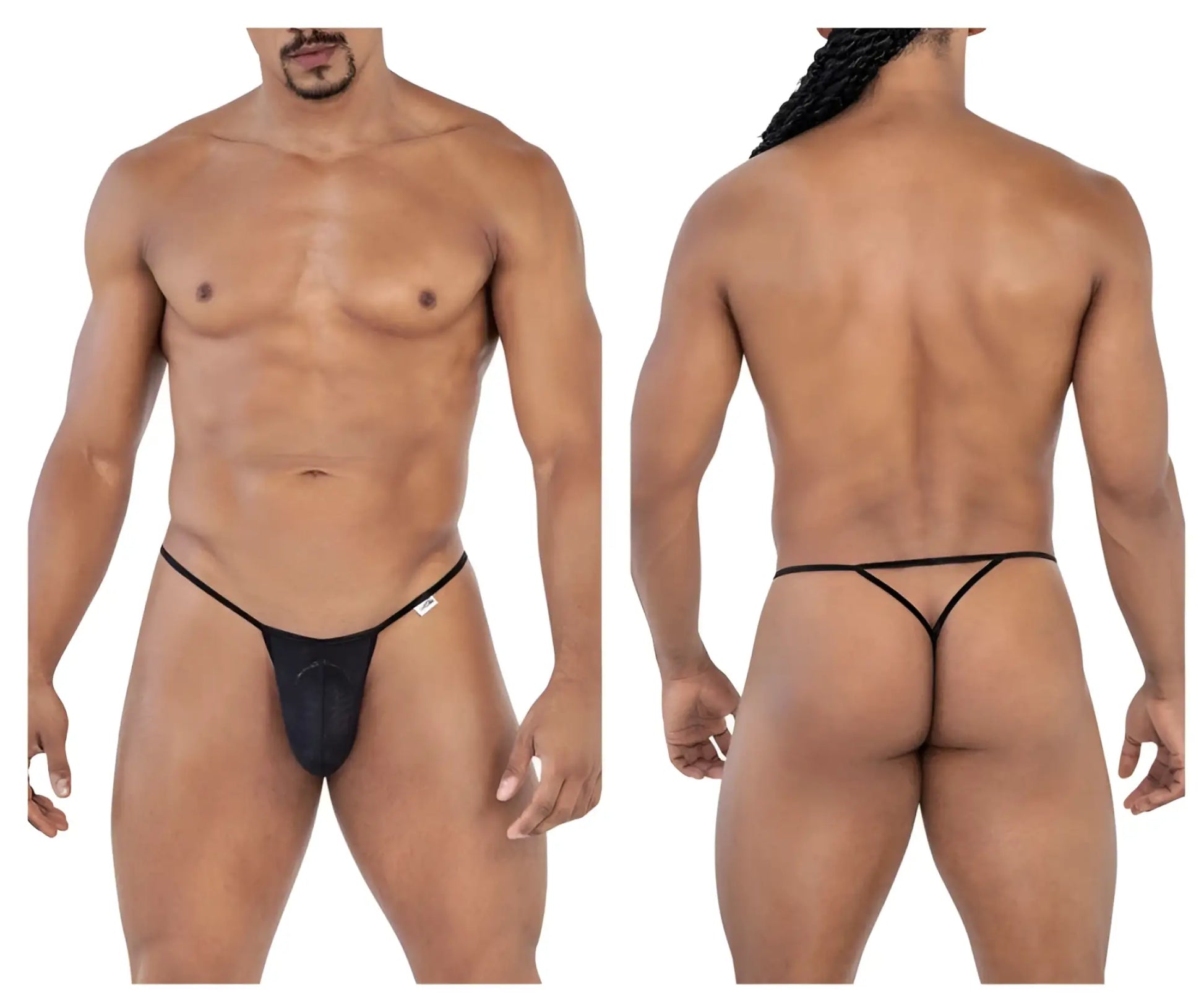 Black CandyMan 99795 mesh G-string thong with smooth fabric and thin elastic straps shown from the back side