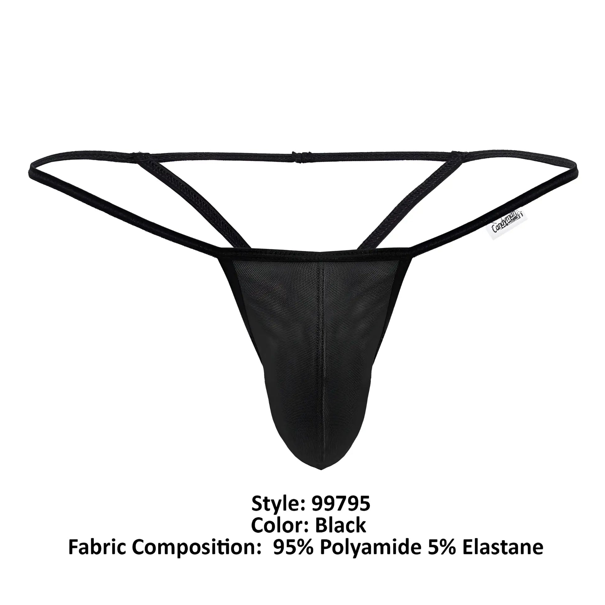 Black mesh g-string thong by candyman with supportive contoured design and thin elastic straps shown from the back