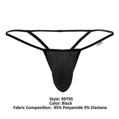 Black mesh g-string thong by candyman with supportive contoured design and thin elastic straps shown from the back
