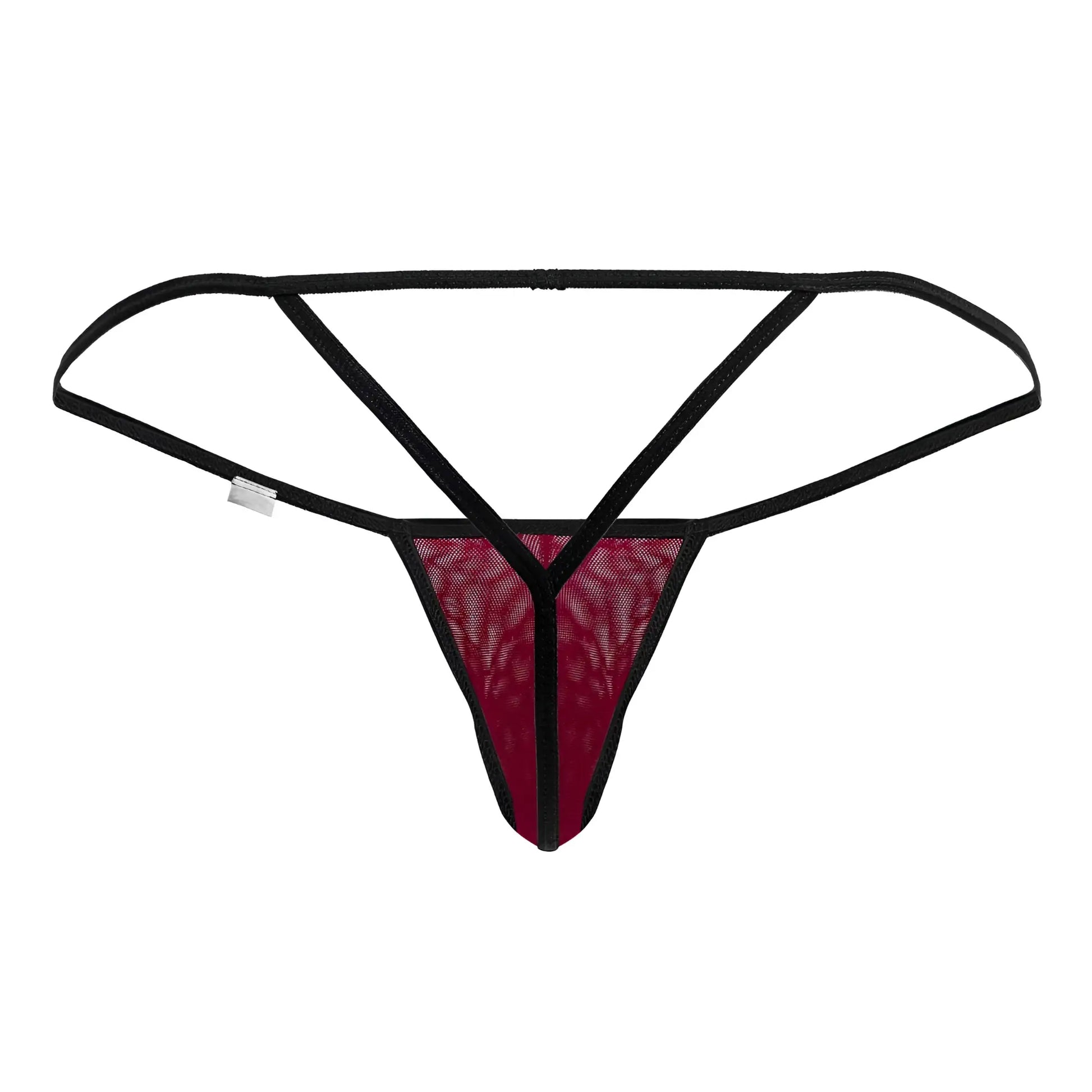 Black and maroon candyMan 99795 mesh g-string thong with lace details and burgundy color shown from the back side