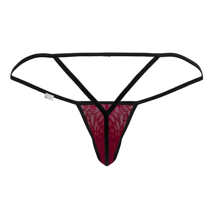 Black and maroon candyMan 99795 mesh g-string thong with lace details and burgundy color shown from the back side