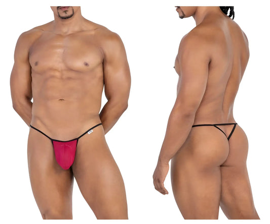 Bright pink form-fitting thong with black trim and white logo on the side candyMan 99795 mesh g-string thong burgundy