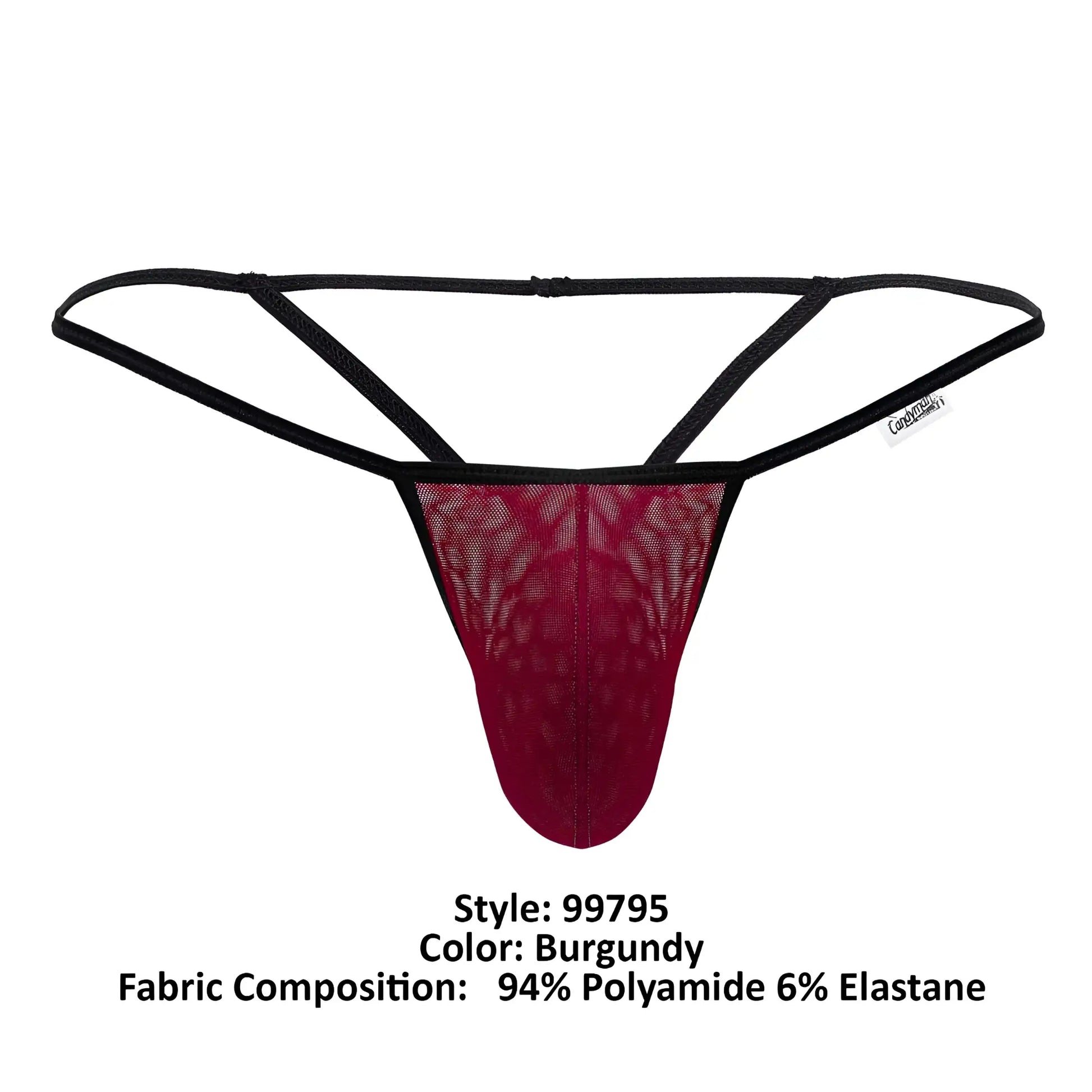 Burgundy lace thong with black elastic straps and subtle gradient effect by candyman 99795 mesh g-string thongs
