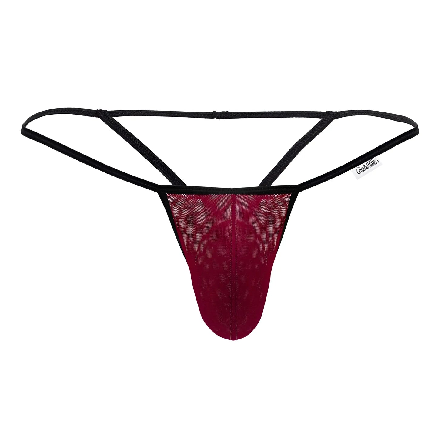 A maroon lace thong with black elastic straps and a branded tag from candyman 99795 mesh g-string thongs burgundy