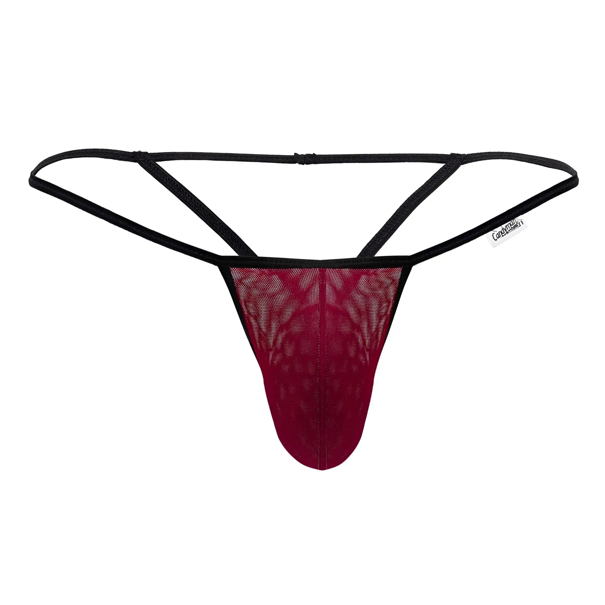 A maroon lace thong with black elastic straps and a branded tag from candyman 99795 mesh g-string thongs burgundy
