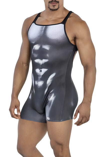 Black and white CandyMan 99796 muscle tank top with halftone detailed abdominal muscles graphic print
