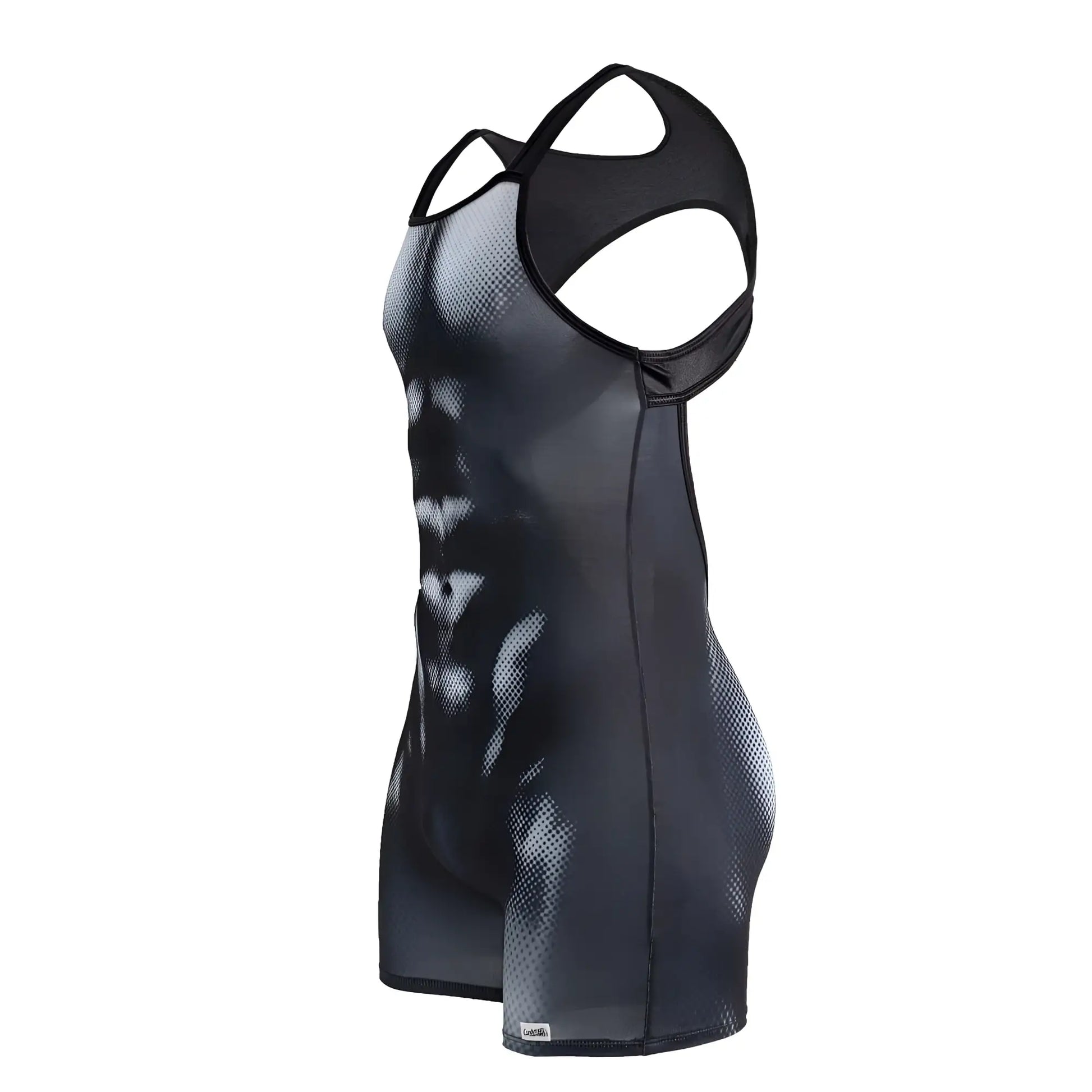 Candyman 99796 muscle onesie bodysuit in black and white with muscular torso graphic and breathable mesh panels