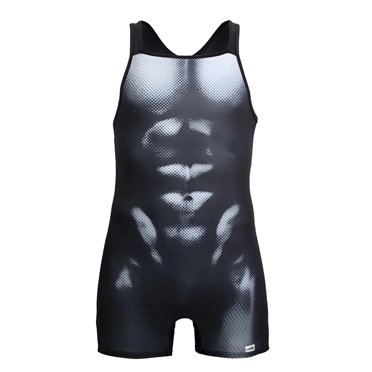 Black and white mesh-patterned wrestling singlet candyMan 99796 with detailed abdominal muscle design