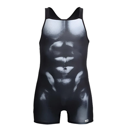 Black and white mesh-patterned wrestling singlet candyMan 99796 with detailed abdominal muscle design