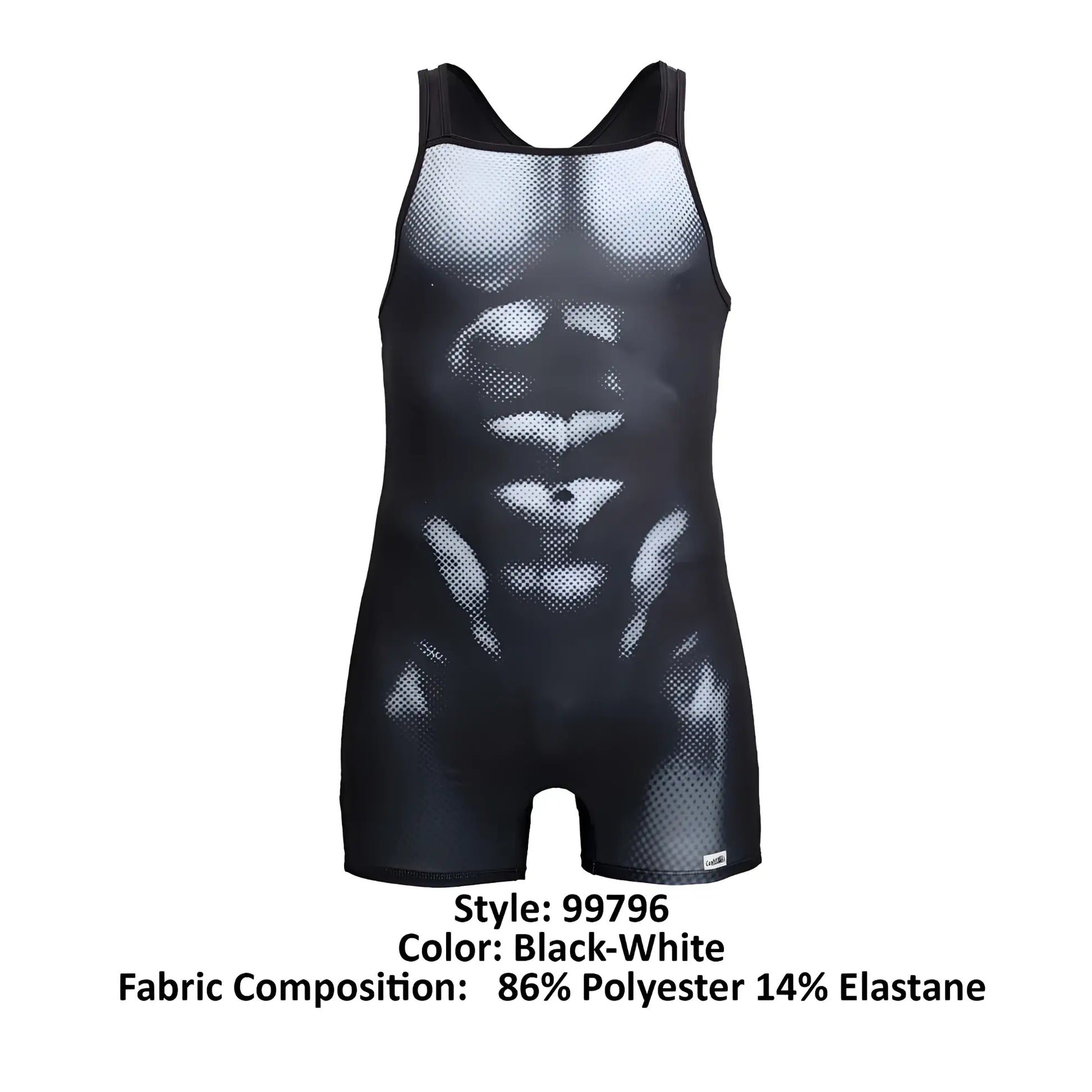 Black and white mesh wrestling singlet CandyMan 99796 with detailed abdominal muscle design in black-white color