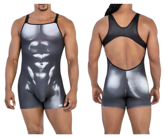 Black and silver gradient CandyMan 99796 muscle onesie bodysuit with detailed abdominal print in athletic fabric