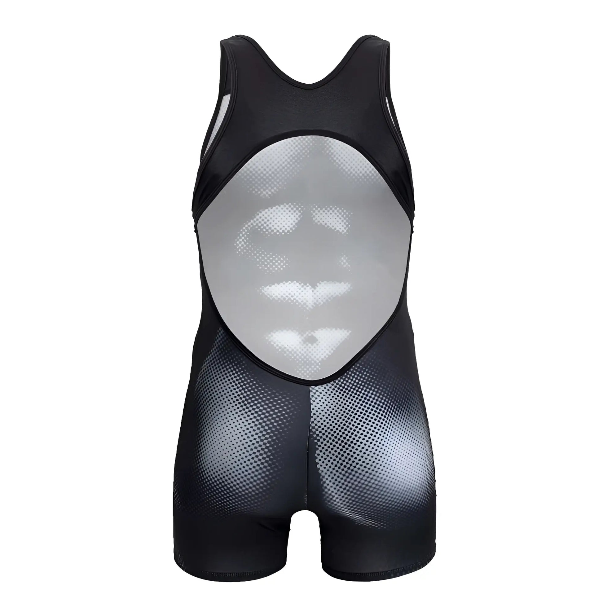 Black and silver mesh wrestling singlet with reflective textured design on torso candyMan 99796 muscle onesie bodysuit