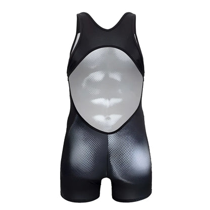 Black and silver mesh wrestling singlet with reflective textured design on torso candyMan 99796 muscle onesie bodysuit