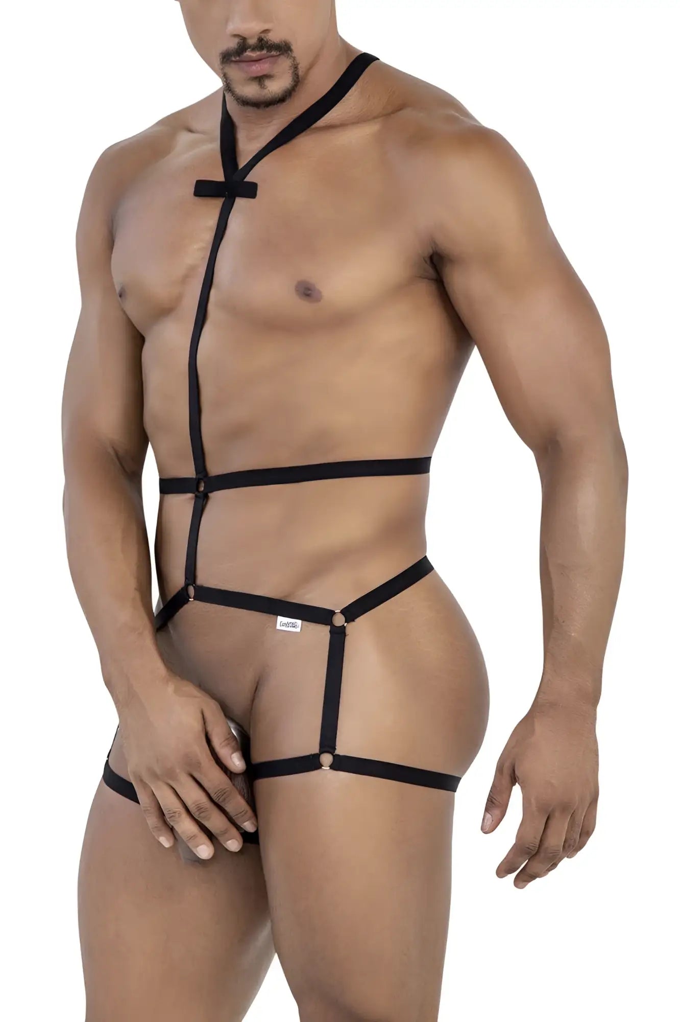 CandyMan 99797 black leather harness bodysuit with adjustable straps and metal clasps shown from the back side