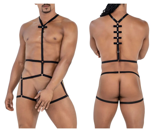 Black leather candyMan 99797 string bodysuit with adjustable straps and silver-toned metal clasps visible from the back