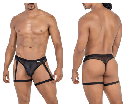 Black candyMan 99798 garter mesh thongs with adjustable leg straps showcasing the front side of the briefs