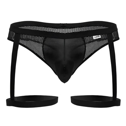Candyman 99798 black garter mesh thong with central satin panel and adjustable straps for secure fit
