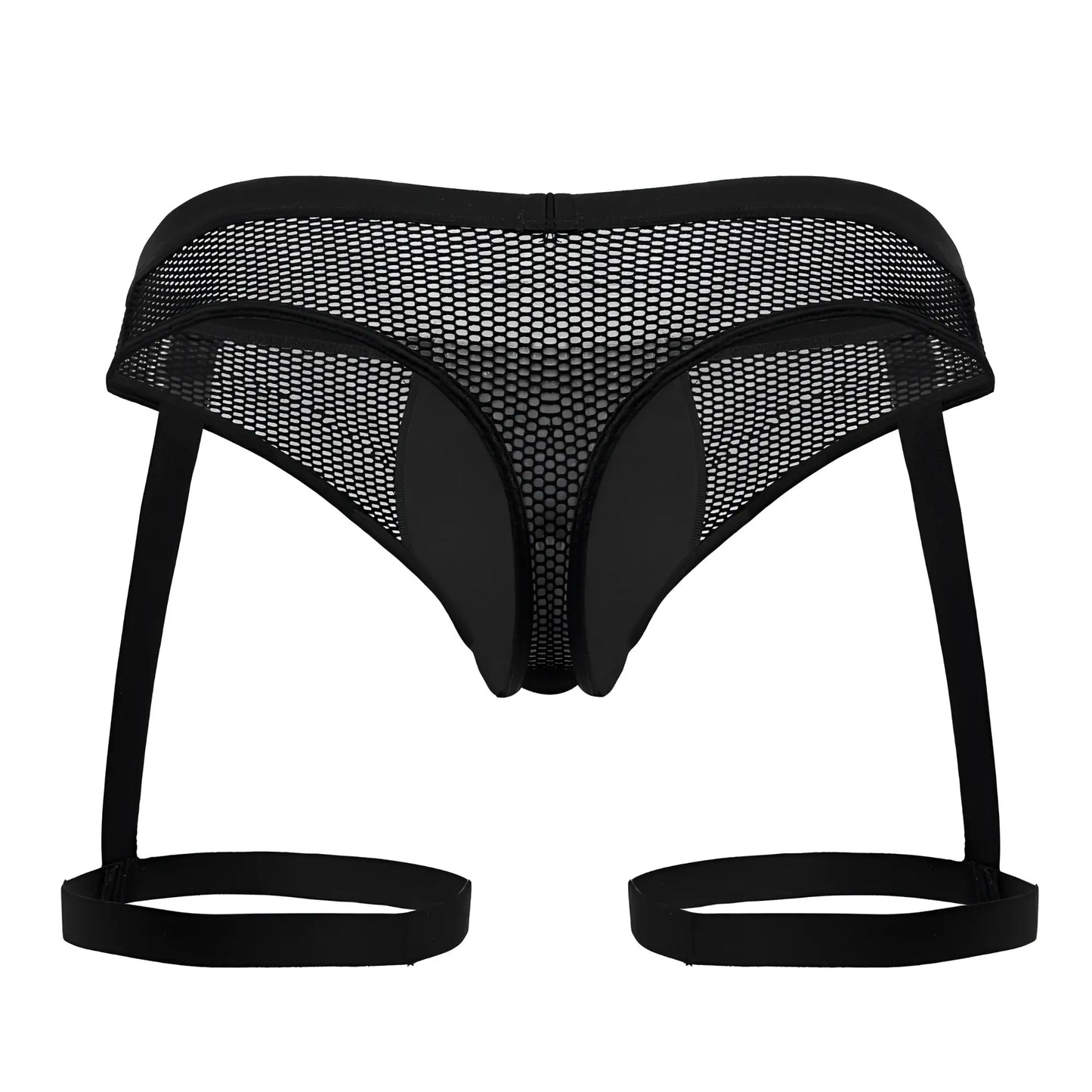 Black mesh CandyMan 99798 garter mesh thongs with solid elastic straps and reinforced side panels in black