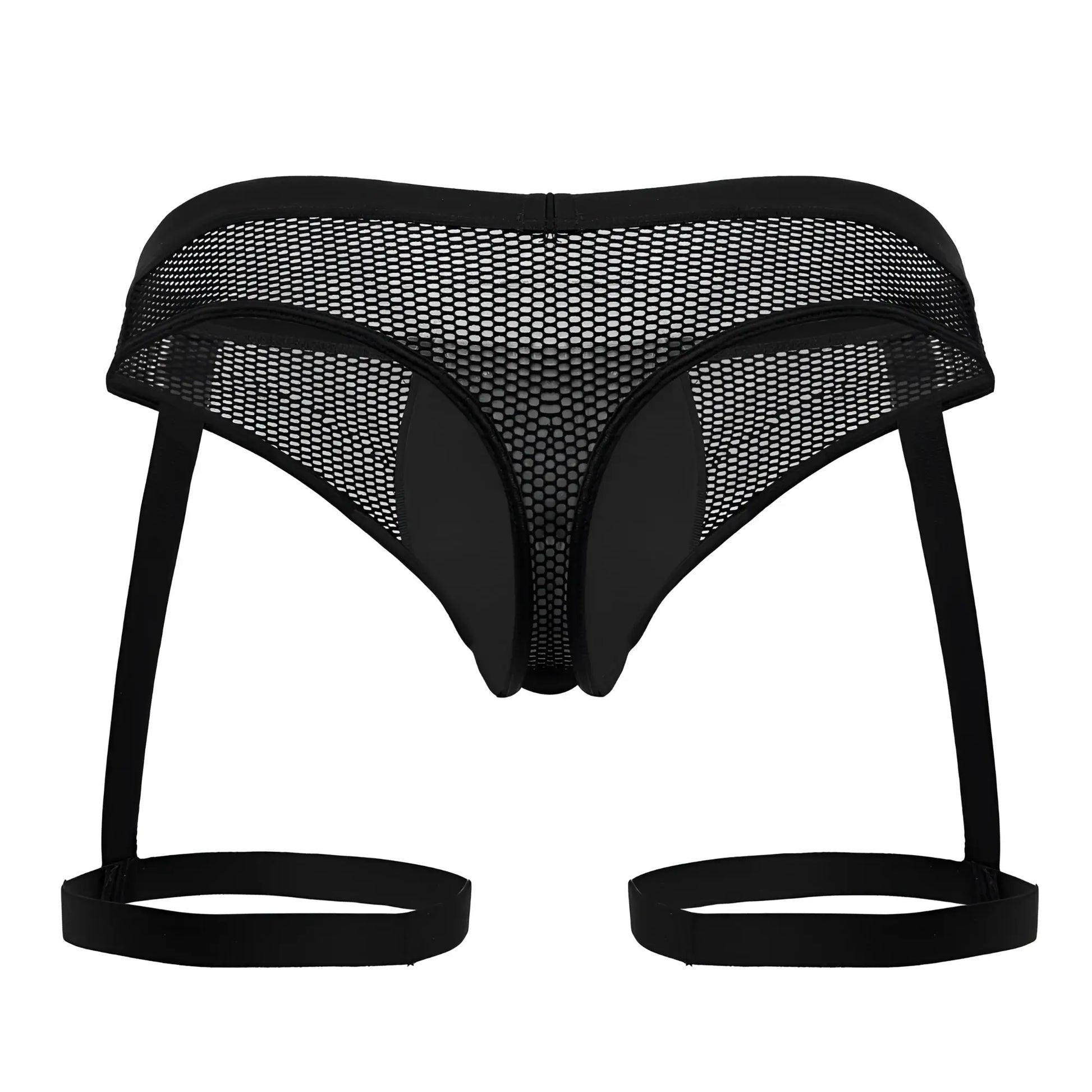 Black mesh CandyMan 99798 garter mesh thongs with solid elastic straps and reinforced side panels in black