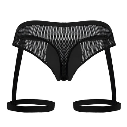 Black mesh CandyMan 99798 garter mesh thongs with solid elastic straps and reinforced side panels in black