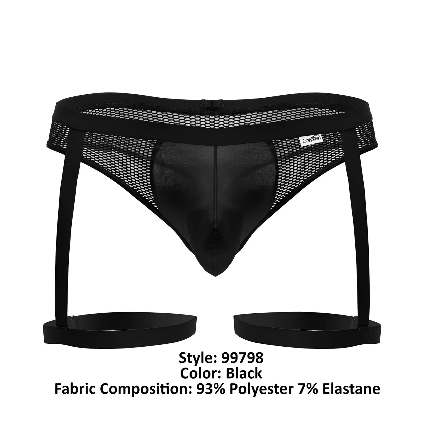 Black mesh and satin CandyMan 99798 garter belt with adjustable straps and thongs in black color front view