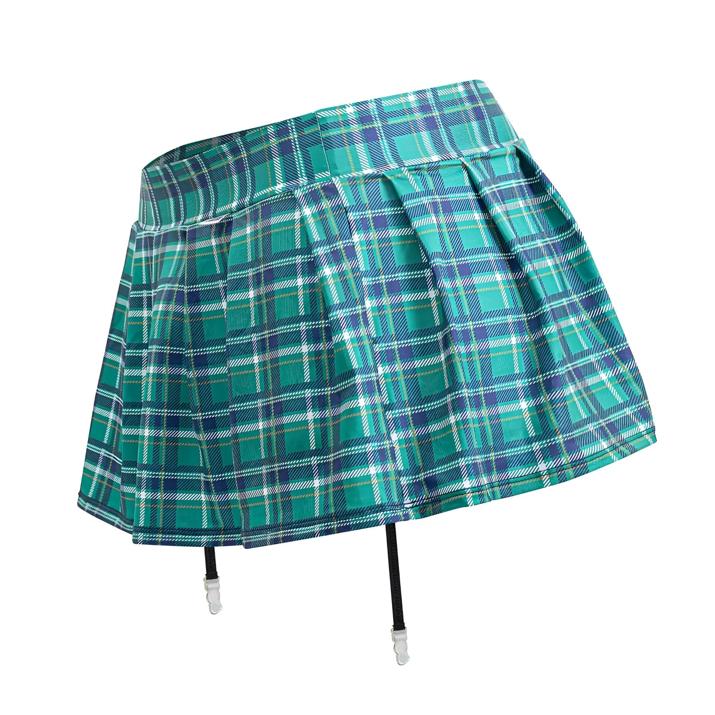 CandyMan 99799 garter outfit green pleated teal and navy plaid skirt with black garter straps for stylish wear