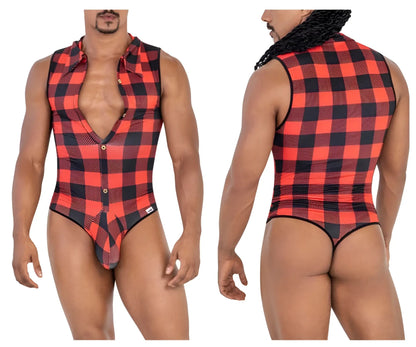 Red and black plaid one-piece bodysuit with button-front collar design from candyman lumberjack collection
