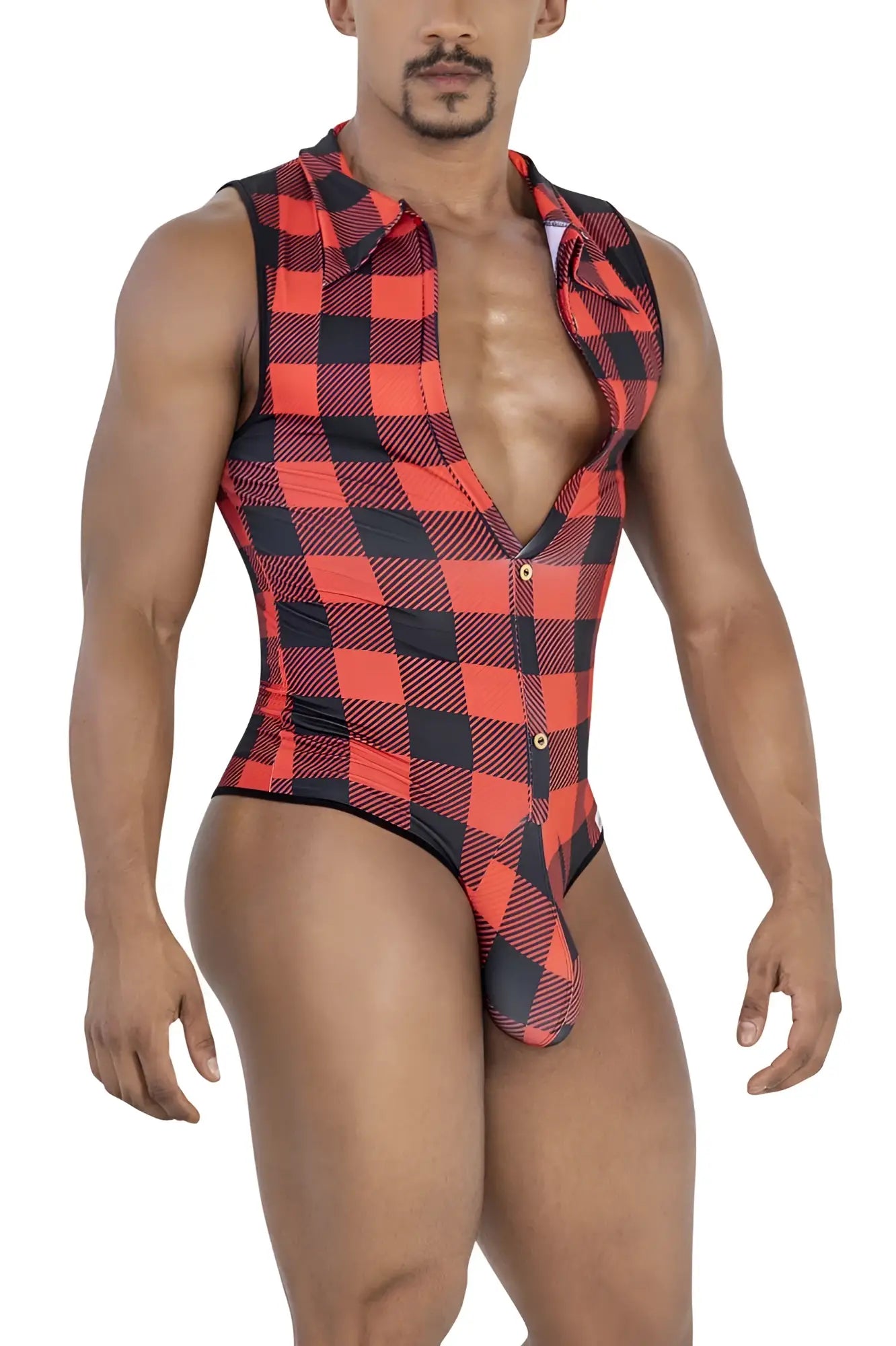 Red and black plaid candy man 99800 lumberjack bodysuit with collar button front and elastic waistband