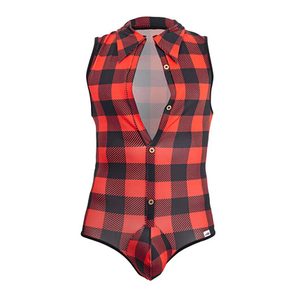 Red and black plaid sleeveless cotton bodysuit with collar and button front CandyMan 99800 Lumberjack style